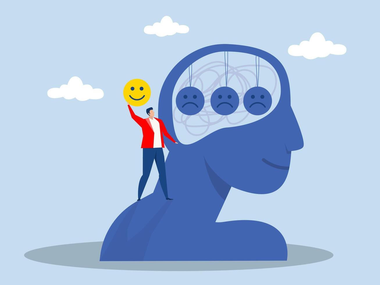 Happiness or positive thinking inspire other people to happy,Optimistic balance between happiness and sadness, man holding smile face pendulum ball to hit other sad faces vector