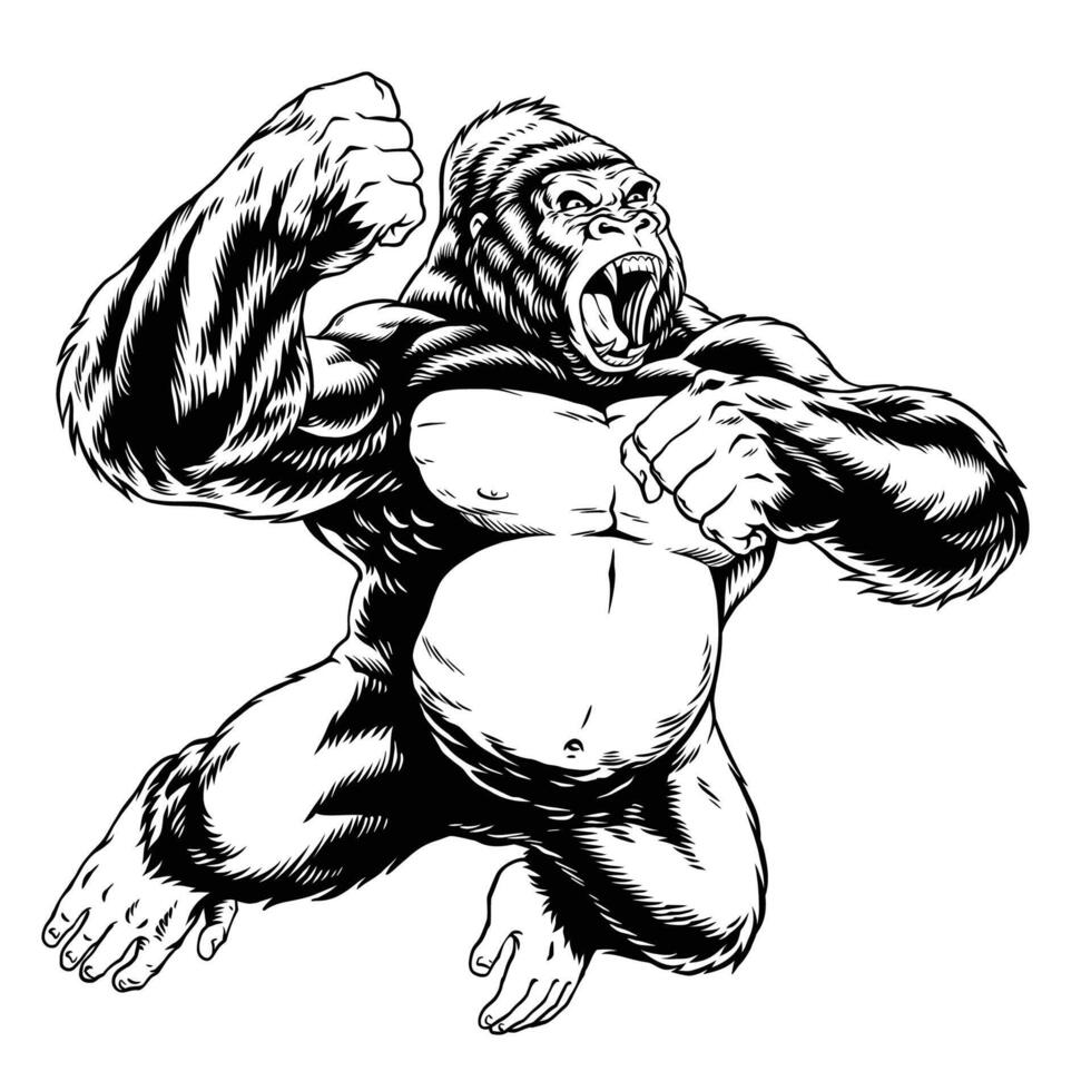 Angry Gorilla Jumping Illustration Black and White vector