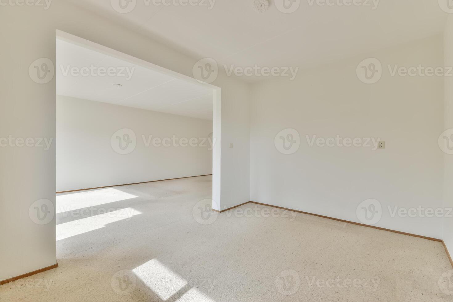 Empty room with white walls and carpeting photo