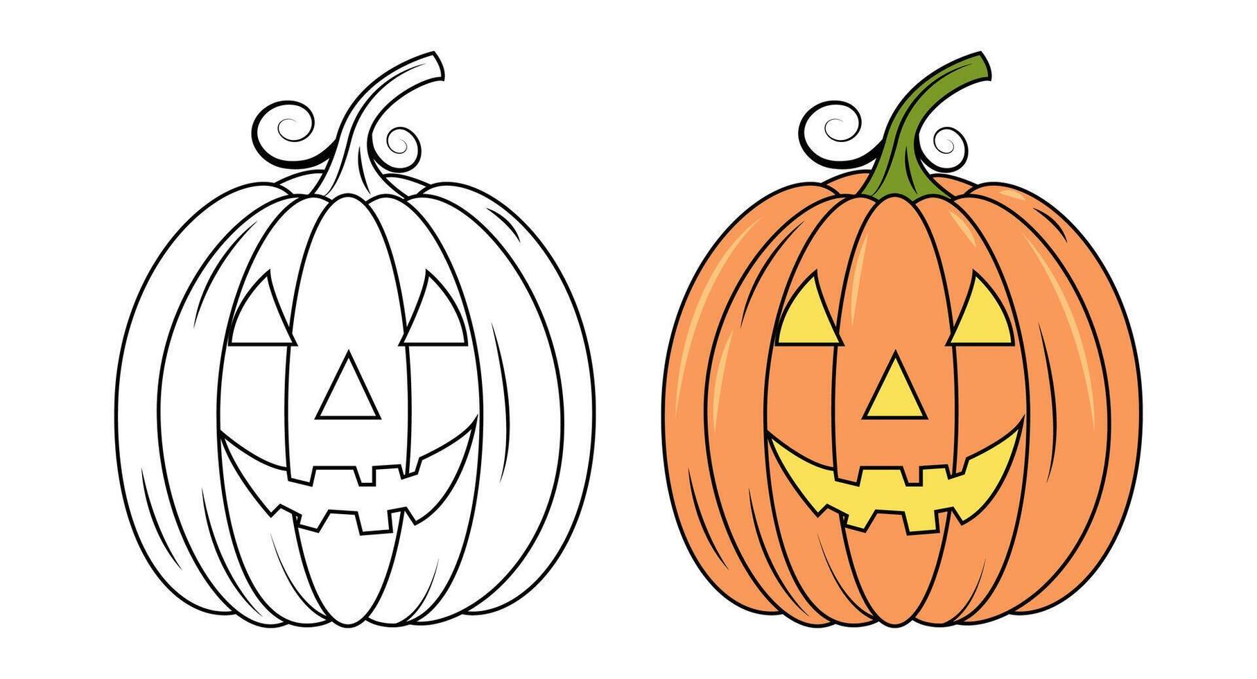 A set of contoured and colored pumpkins. Scary pumpkin for Halloween. Coloring book vector