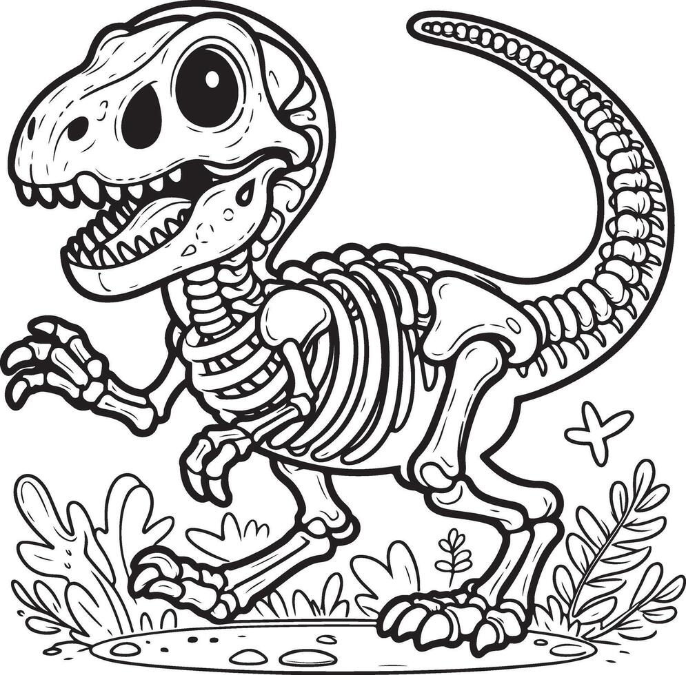 A dinosaur skeleton coloring page vector