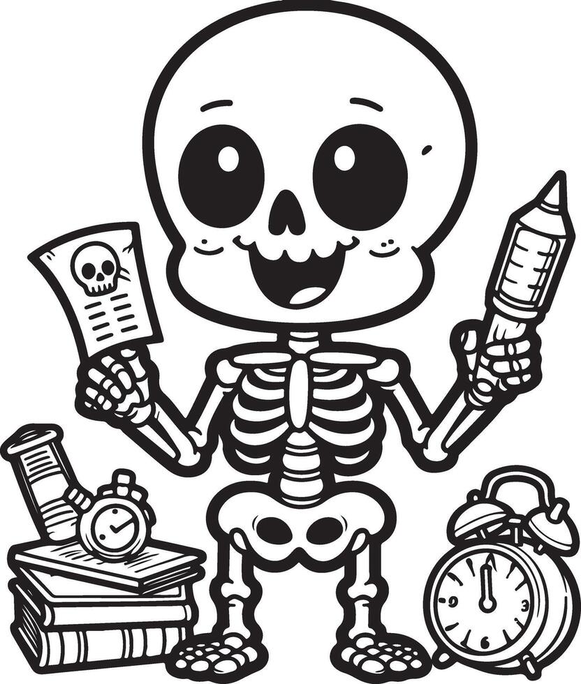 A cartoon skeleton holding a book and a clock vector
