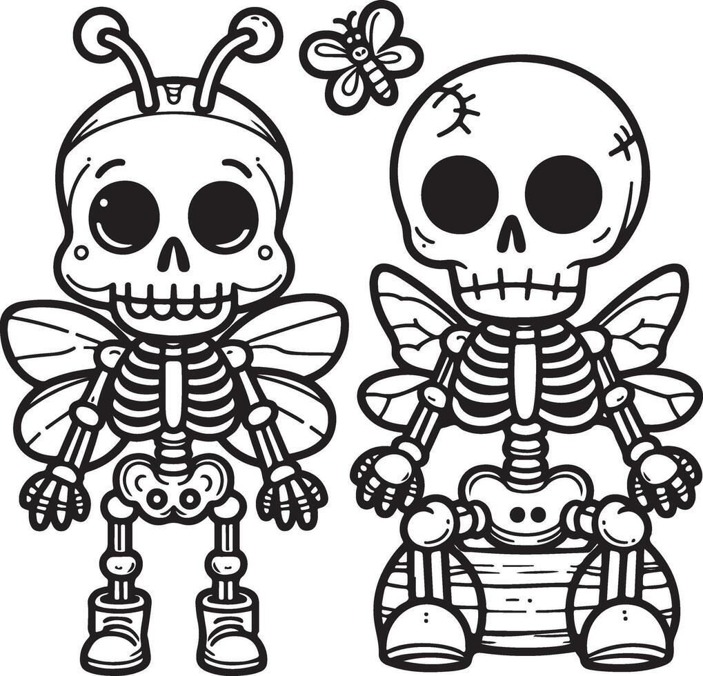 Two skeleton children with butterfly wings and butterfly wings coloring pages vector