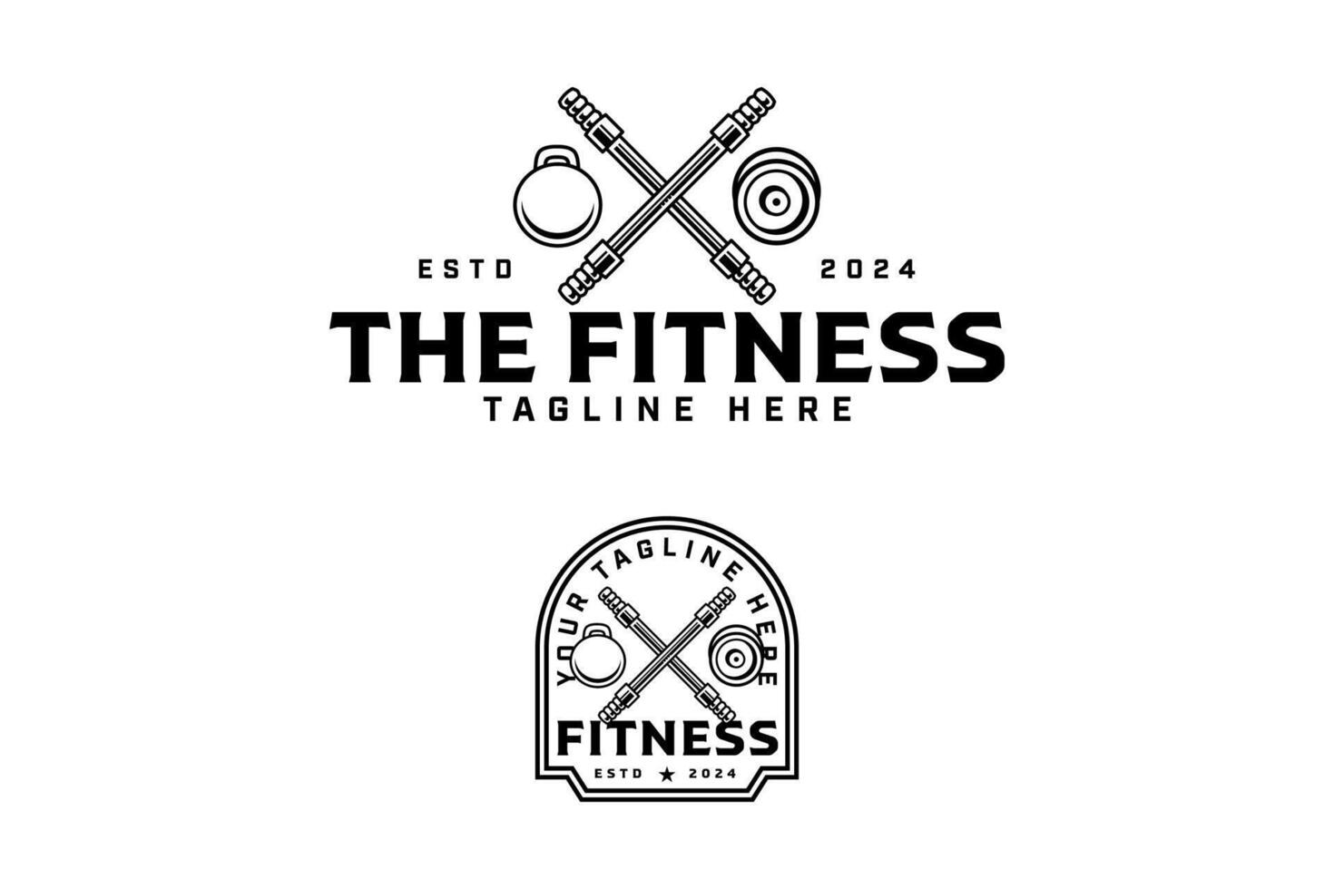 olympic bar crossed with kettlebell, barbelloutline badge logo design set for gym fitness sport. power bar, barbell, kettlebell illustration logo template for bodybuilding, weightlifting club vector