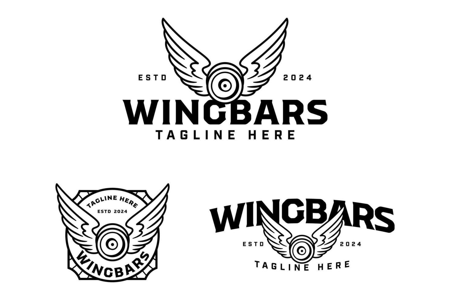 weight bumper plates with angle wings outline badge logo design set for gym fitness sport and competition. barbell plates with wings illustration logo template for bodybuilding, weightlifting club vector