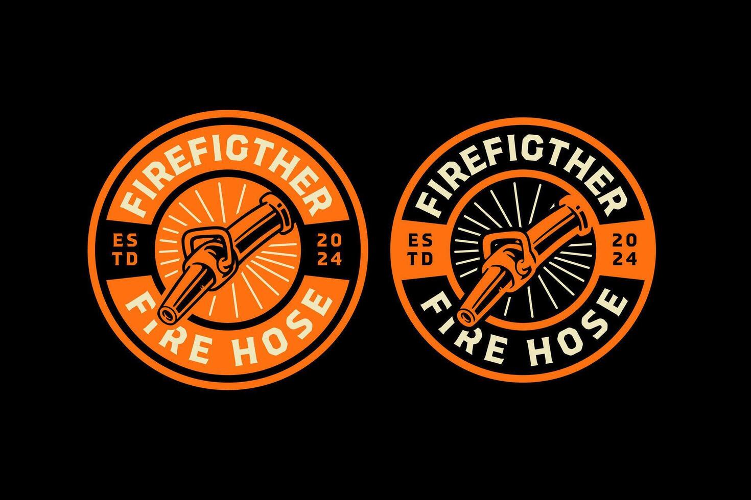 firefighter hose, fire hose nozzle, spray watering gun retro vintage badge logo design collection set for firefighter, rescuer worker, adventure and survivor vector
