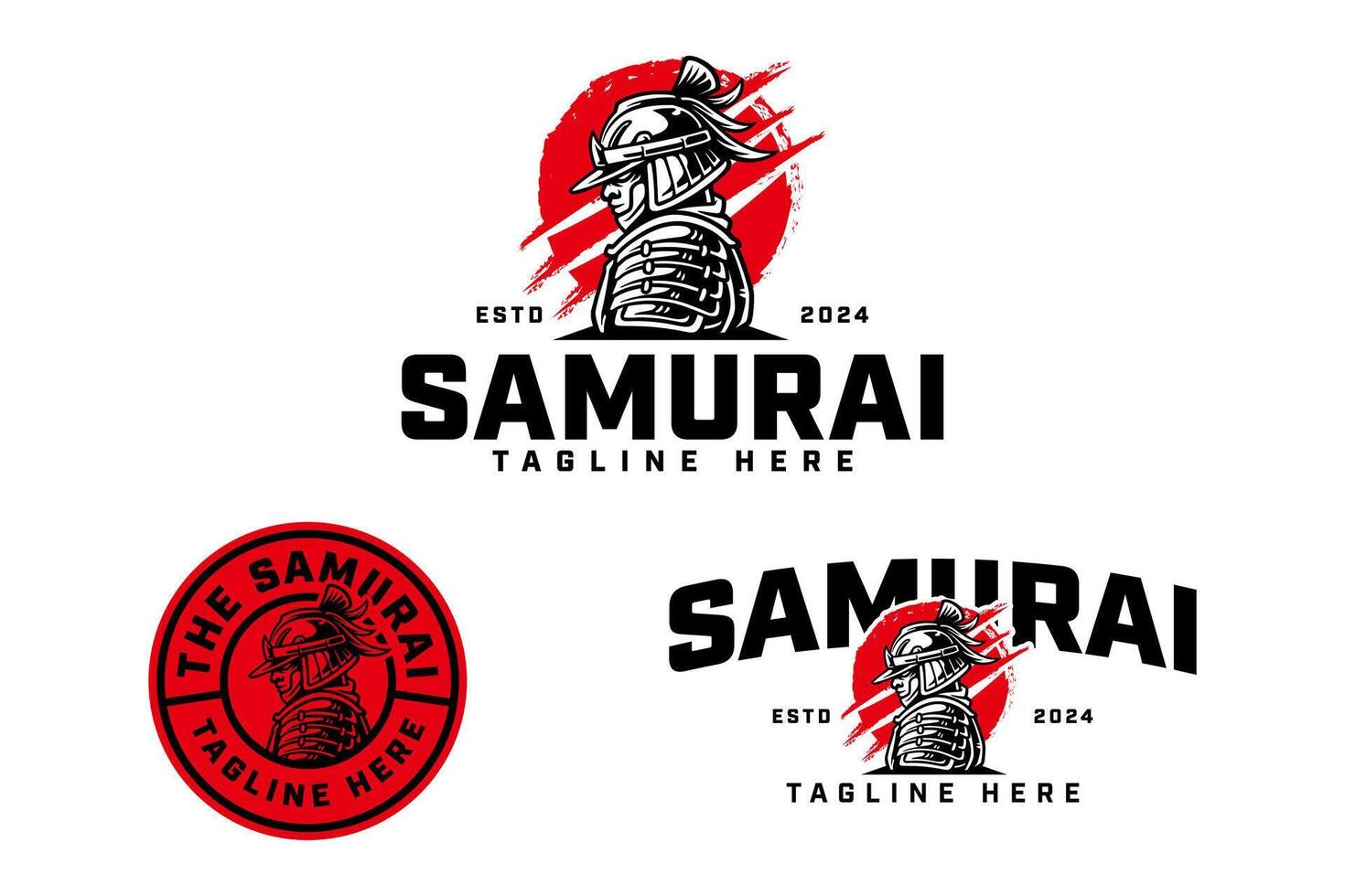 ronin, samurai, ninja, warrior with armor, helmet and red scratch sun background logo design illustration collection with retro and badge style for gaming, sport club mascot and merchandise designs vector