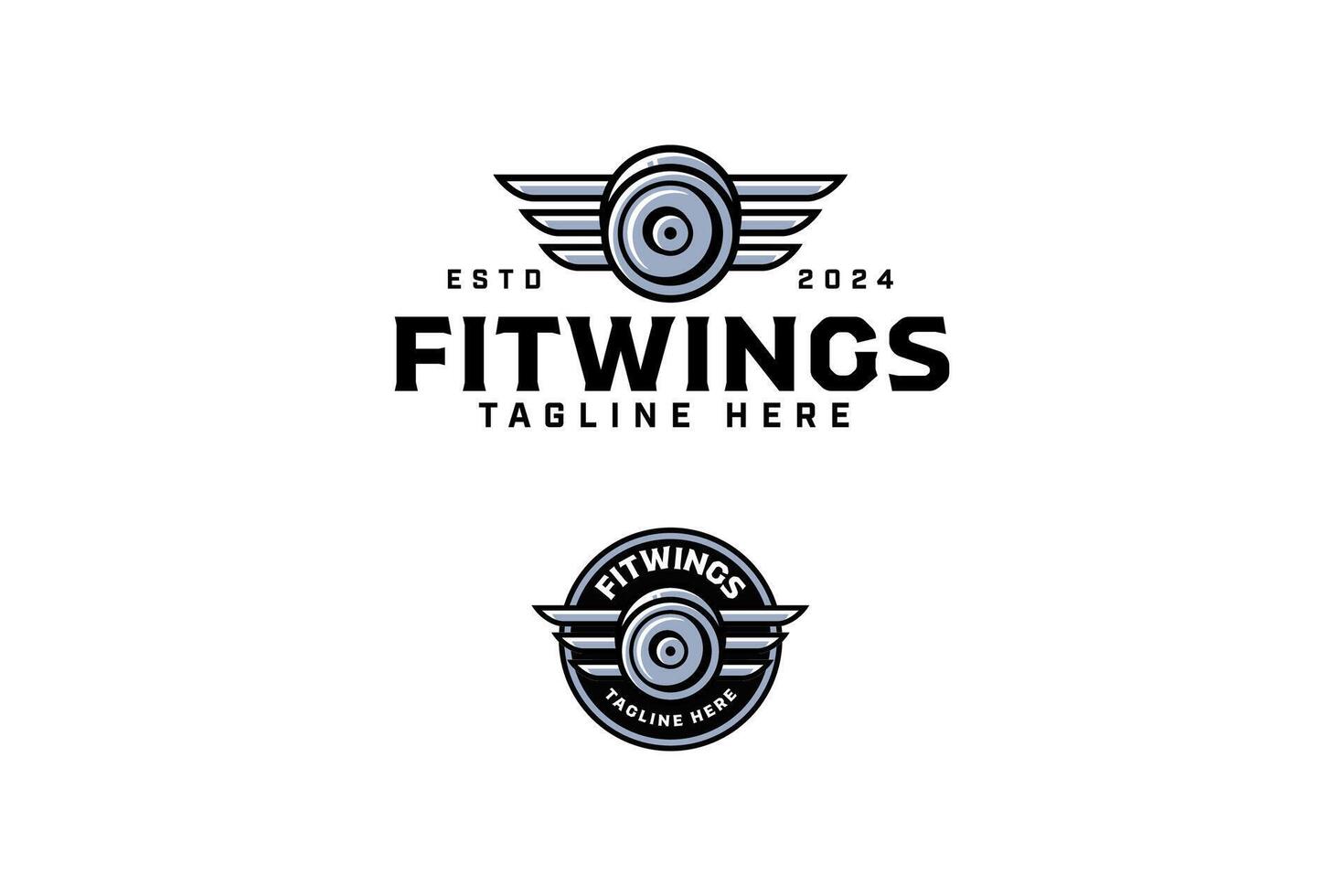 barbell plates with wings colorful badge logo design set for gym fitness sport and competition. weight bumper plates with wings illustration modern logo template for bodybuilding, weightlifting club vector