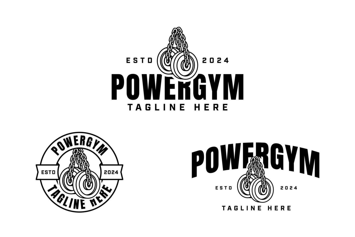 barbell plates hung with chains outline badge logo design set for gym fitness sport and competition. barbell plates with chains illustration logo template for bodybuilding, weightlifting club vector