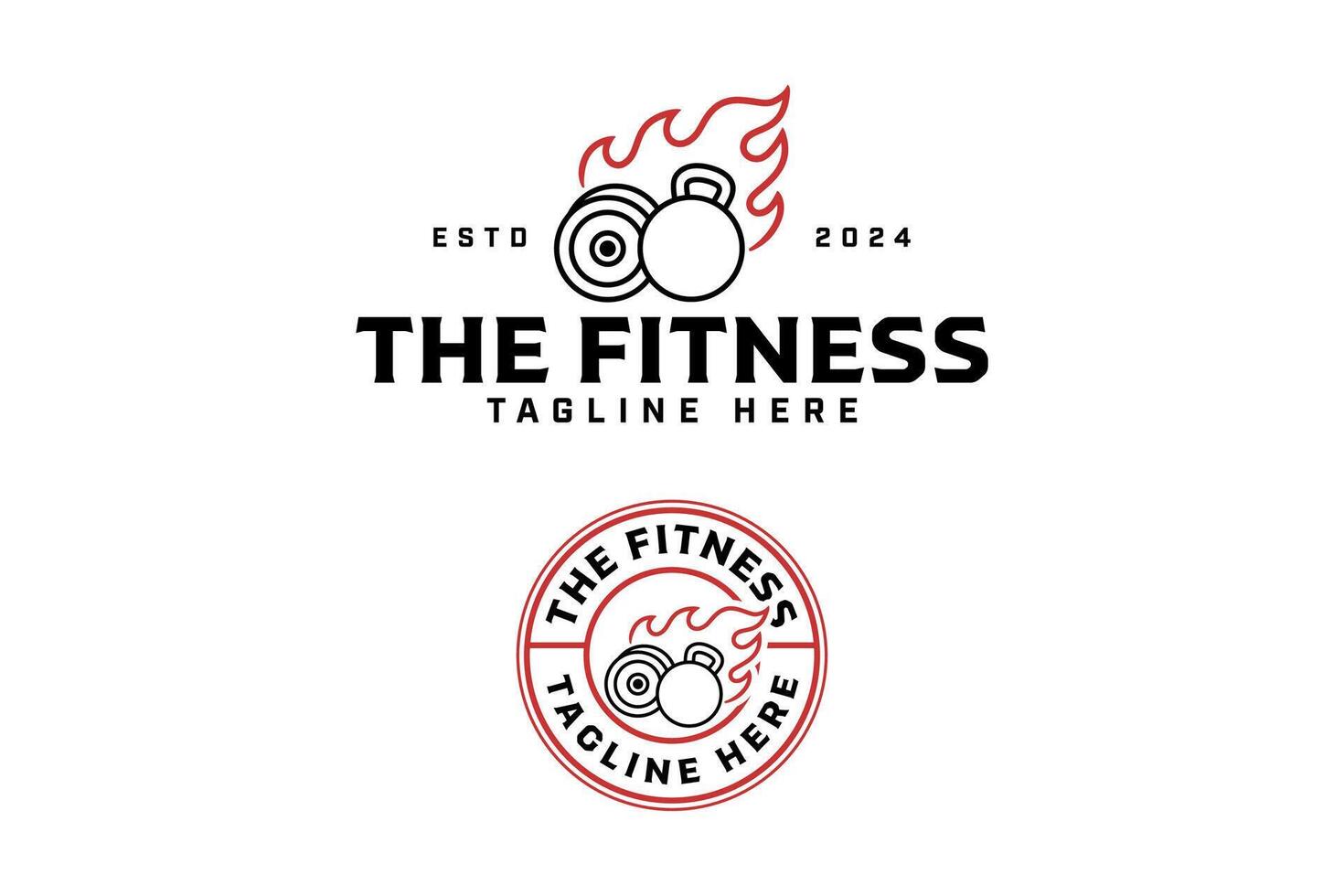 kettlebell, barbell plate with flame outline badge logo design set for gym fitness sport. barbell plate, kettlebell with fire illustration logo template for bodybuilding, weightlifting club vector