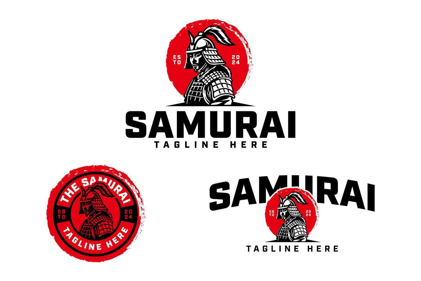 samurai, ronin, ninja, warrior with helmet, armor and red sun moon background logo design illustration collection with retro and badge style for gaming, sport club mascot and merchandise designs vector