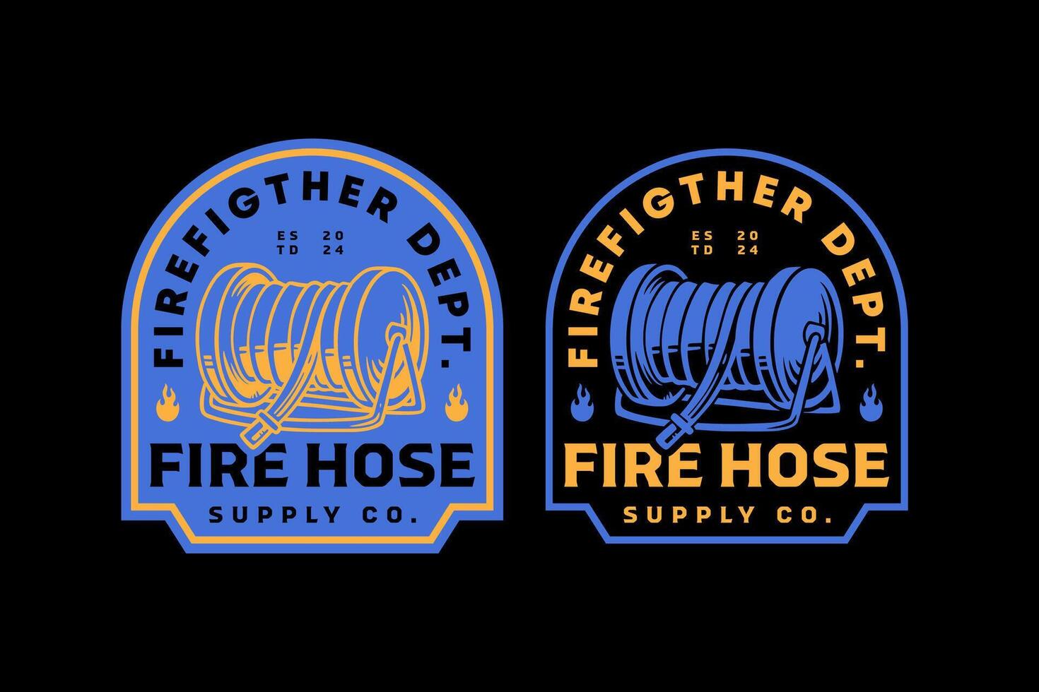 firefighter hose rolled, fire hose nozzle, spray watering gun retro vintage badge logo design collection set for firefighter, rescuer worker, adventure and survivor vector