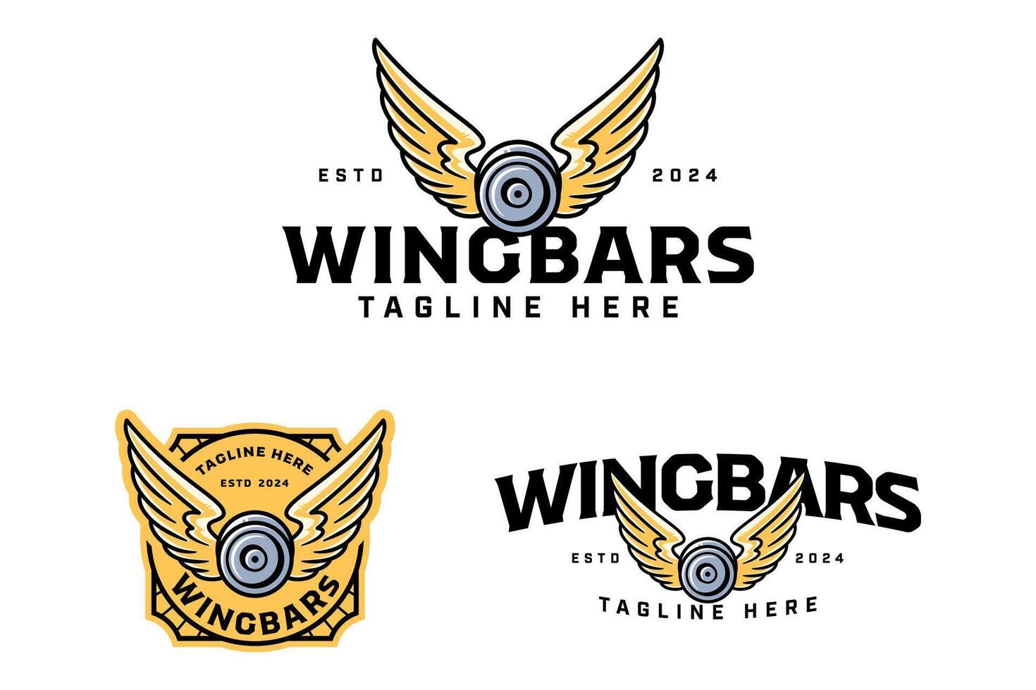 barbell plates with angle wings colorful badge logo design set for gym fitness sport and competition. weight bumper plates with wings illustration logo template for bodybuilding, weightlifting club vector
