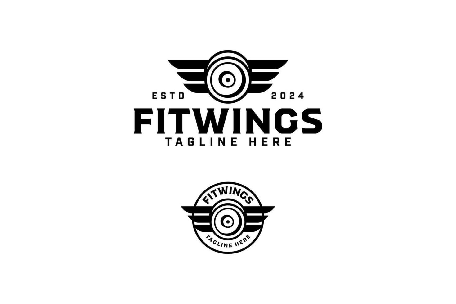 weight bumper plates with wings outline badge logo design set for gym fitness sport and competition. barbell plates with wings illustration modern logo template for bodybuilding, weightlifting club vector
