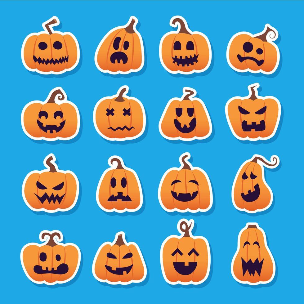 Halloween pumpkin faces with a variety of spooky, funny expressions vector