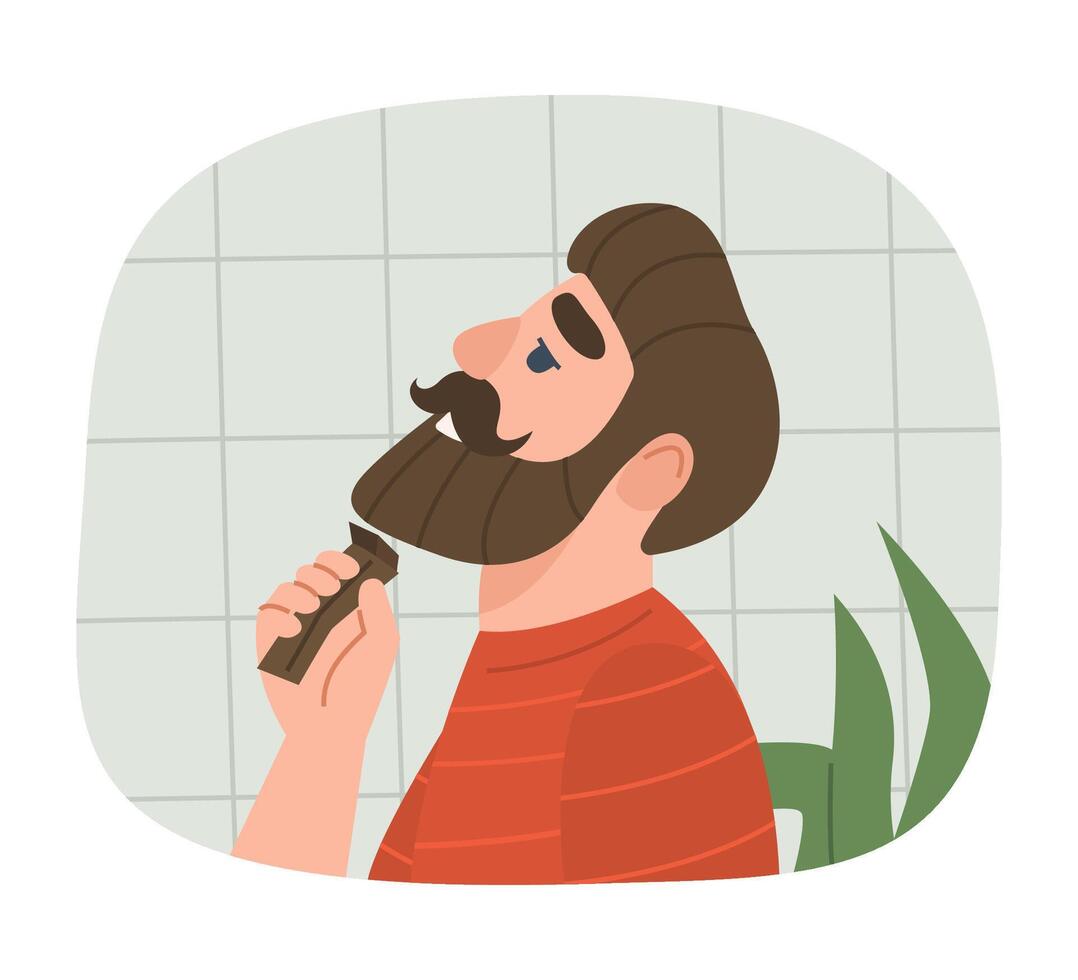 Cartoon man trimming beard with electric razor vector