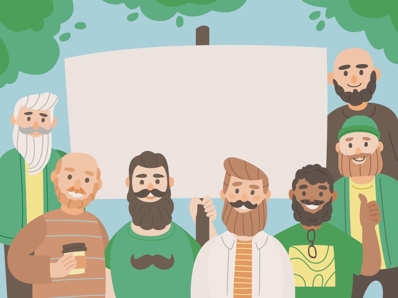 Group of diverse bearded men holding blank sign vector