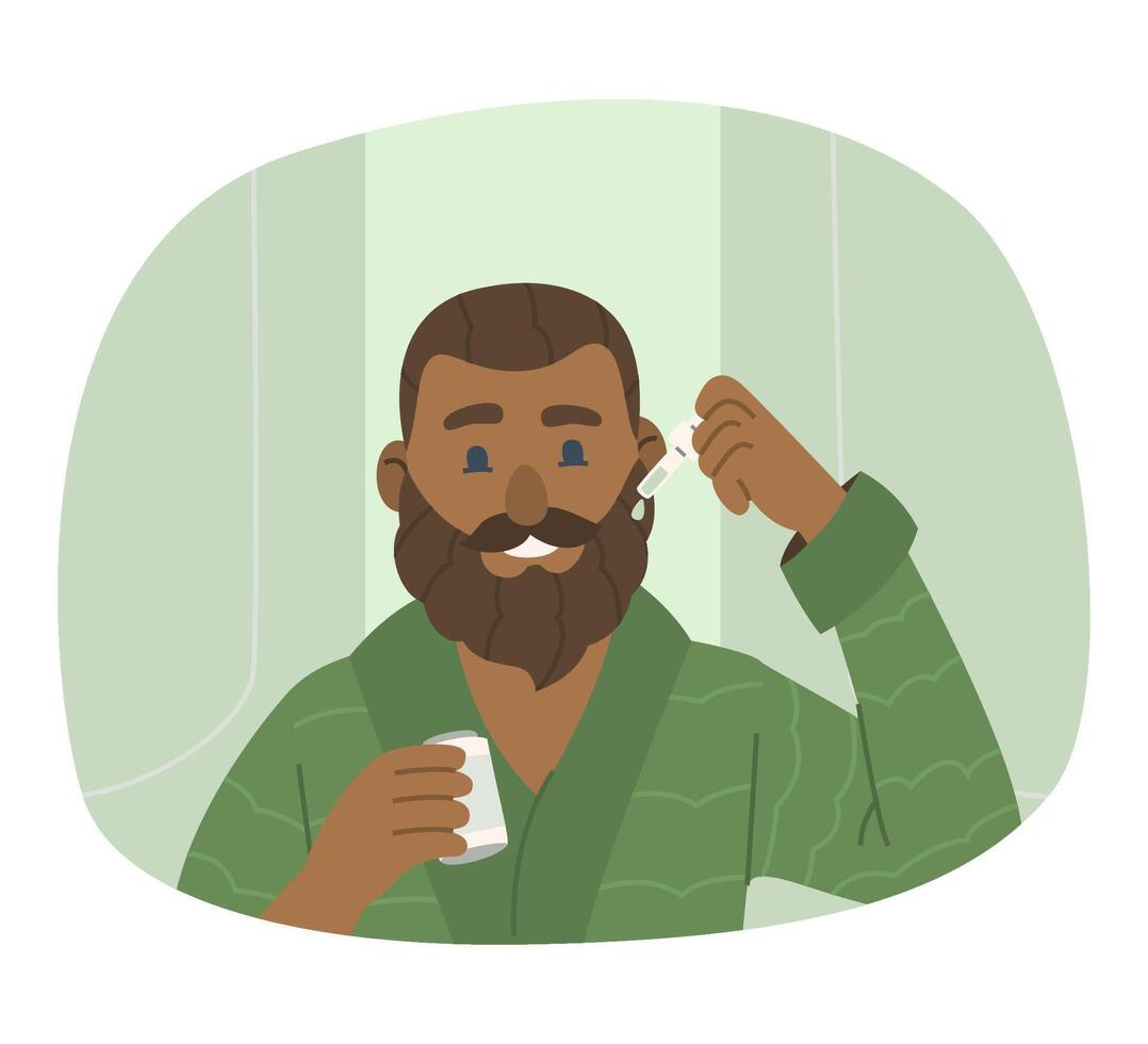Cartoon man applying beard oil with dropper vector