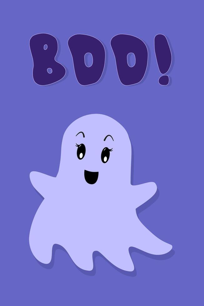 Boo Text Poster. Cute Halloween Ghost on Blue Background with Lettering. Banner, Greeting Card or Invitation in Flat Cartoon style. vector