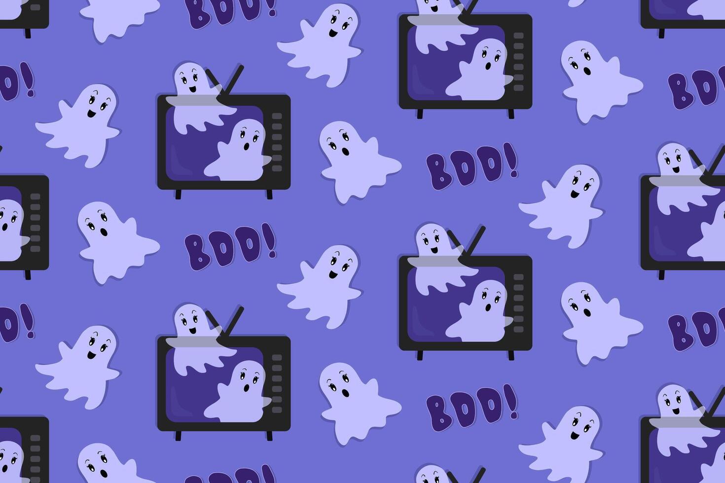 Halloween Cute Ghosts Flying out of a TV. Seamless Pattern. Boo Text. Flat Cartoon style. Blue and Violet Background. Halloween Swatch for wrapping paper, wallpaper or fabric vector