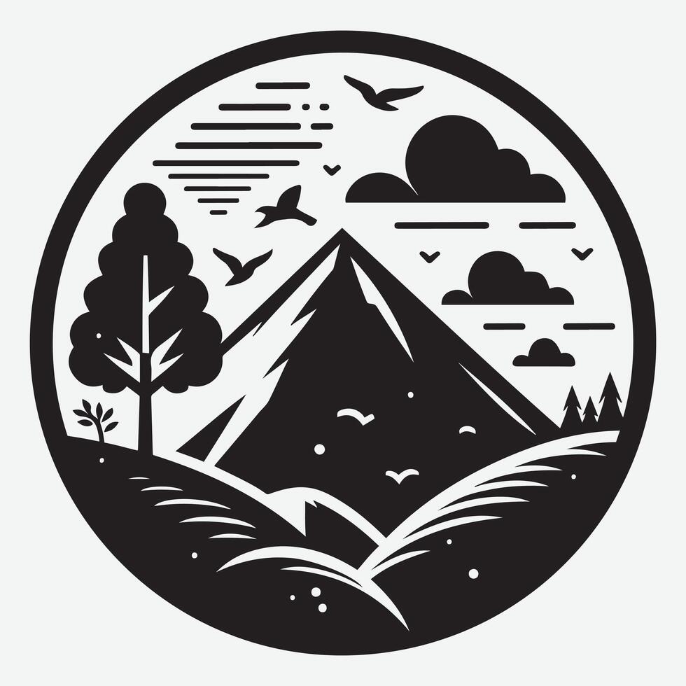 Rustic Mountain Silhouette with River for Camping and Hiking Branding vector