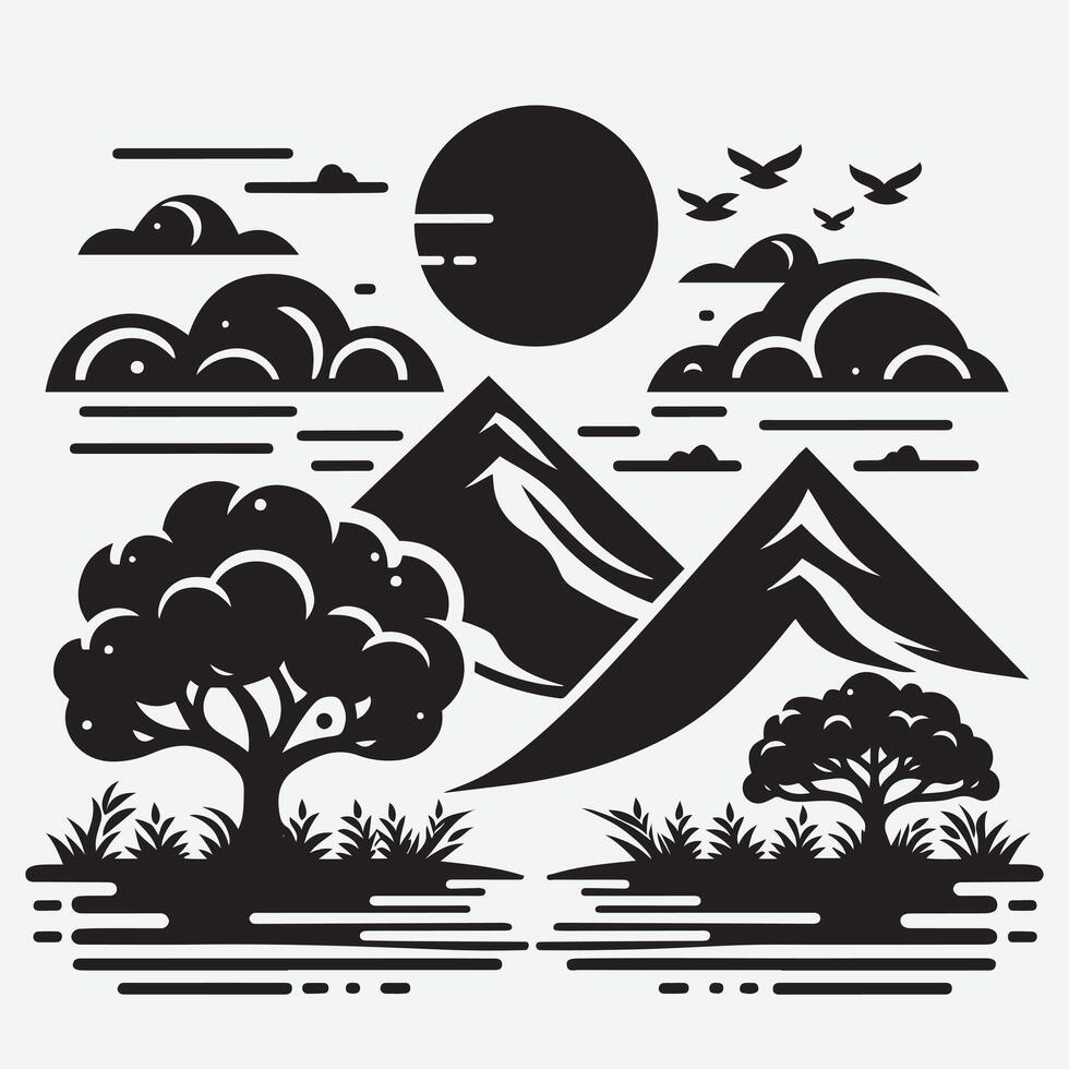 Captivating Mountain Silhouette with Nature and River for Adventure Projects vector