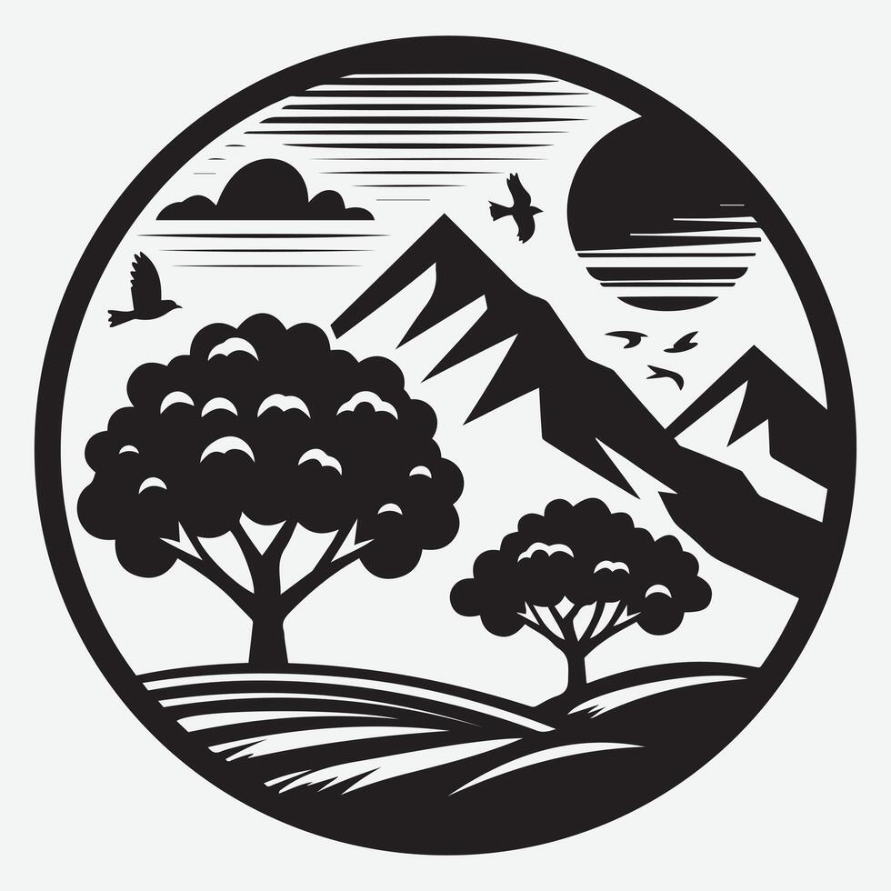 Rugged Mountain Silhouette with Tree for Outdoor Enthusiast Apparel Designs vector