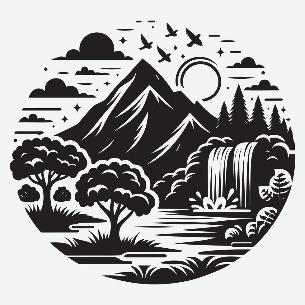Dynamic Mountain Scene with River Trees for Outdoor Enthusiast Projects vector