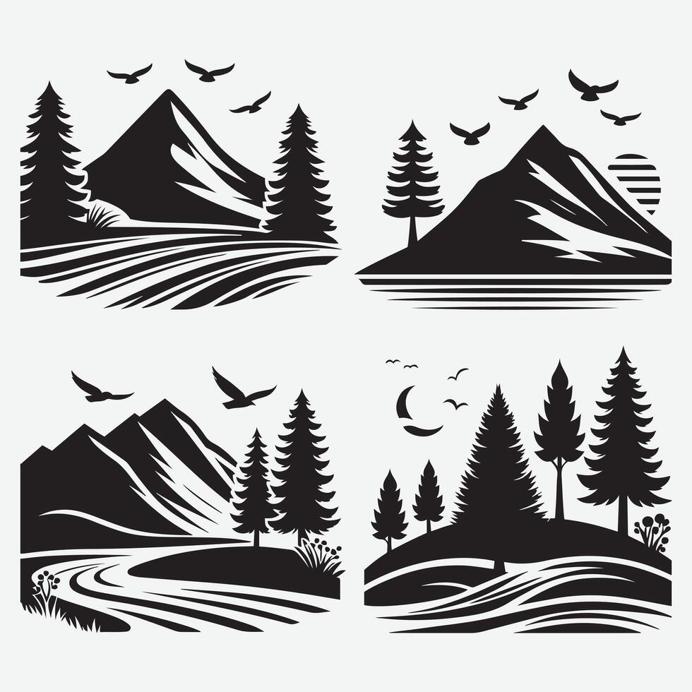 Captivating Nature Illustrations Featuring Mountain Silhouettes for Merchandise vector
