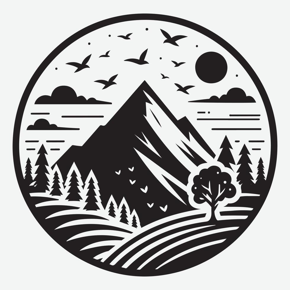 Dynamic Mountain Landscape with River Trees for Adventure Apparel Designs vector