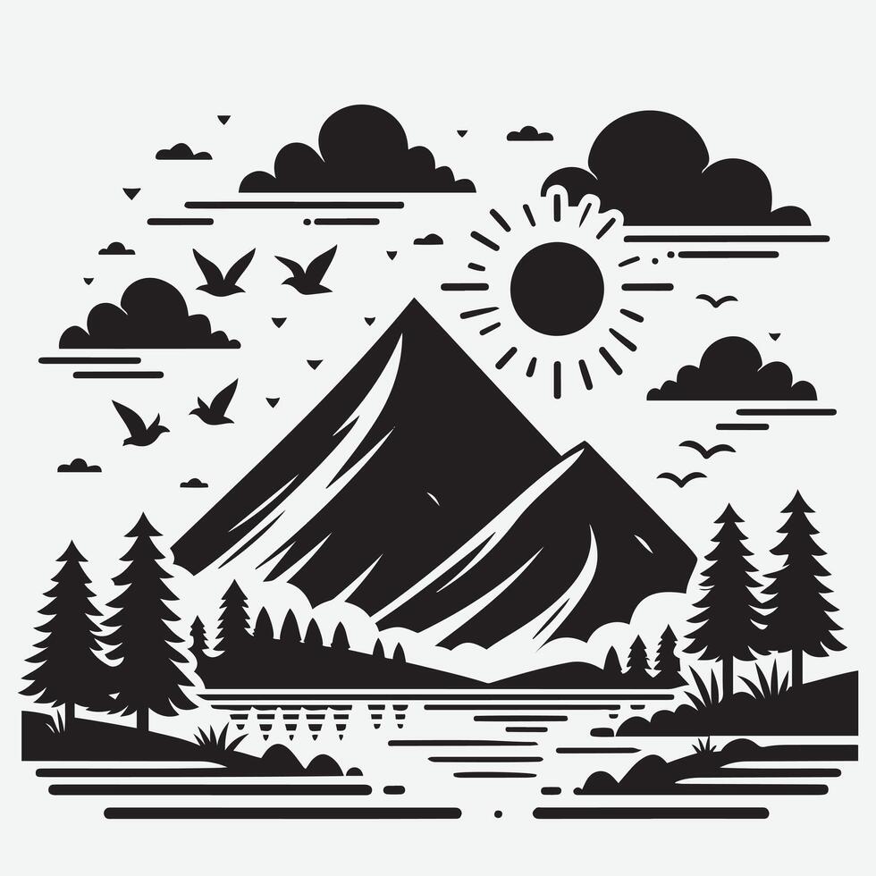 Dynamic Mountain Silhouette with Nature Elements for Outdoor Graphics vector