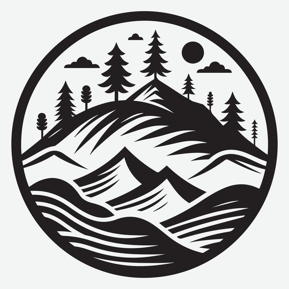 Iconic Mountain Silhouette with River Trees for Camping Design Projects vector