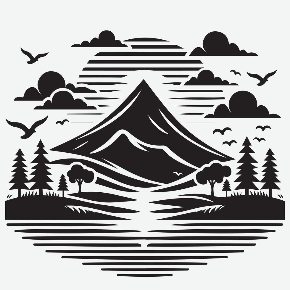 Majestic Mountain Silhouette with River and Trees for Outdoor Apparel vector