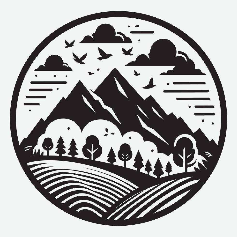 Vibrant Adventure Mountain Silhouette with River for Outdoor Marketing Art vector