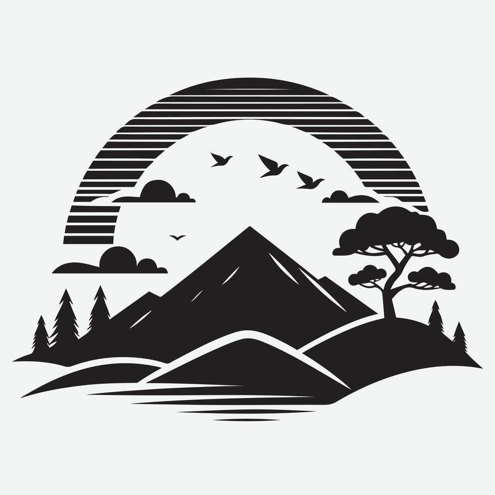 Awe-Inspiring Mountain View with River Trees for Hiking and Camping Apparel vector