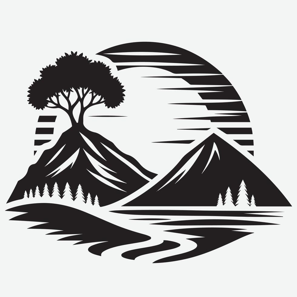 Rugged Mountain Scene with River and Trees for Hiking and Camping vector