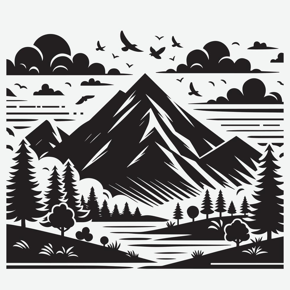 Inspiring Mountain Landscape with River Trees for Travel Graphics Designs vector