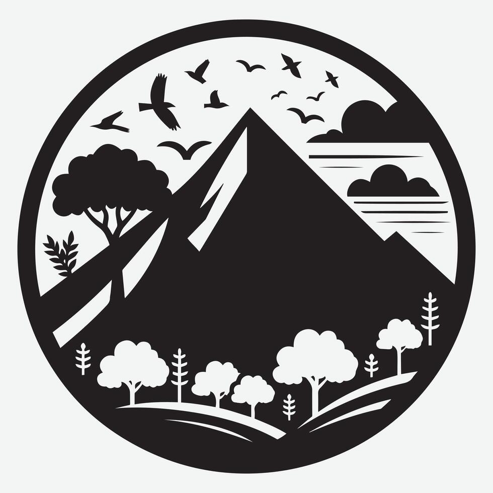 Tranquil Nature Mountain Scene with River Ideal for Hiking Apparel vector