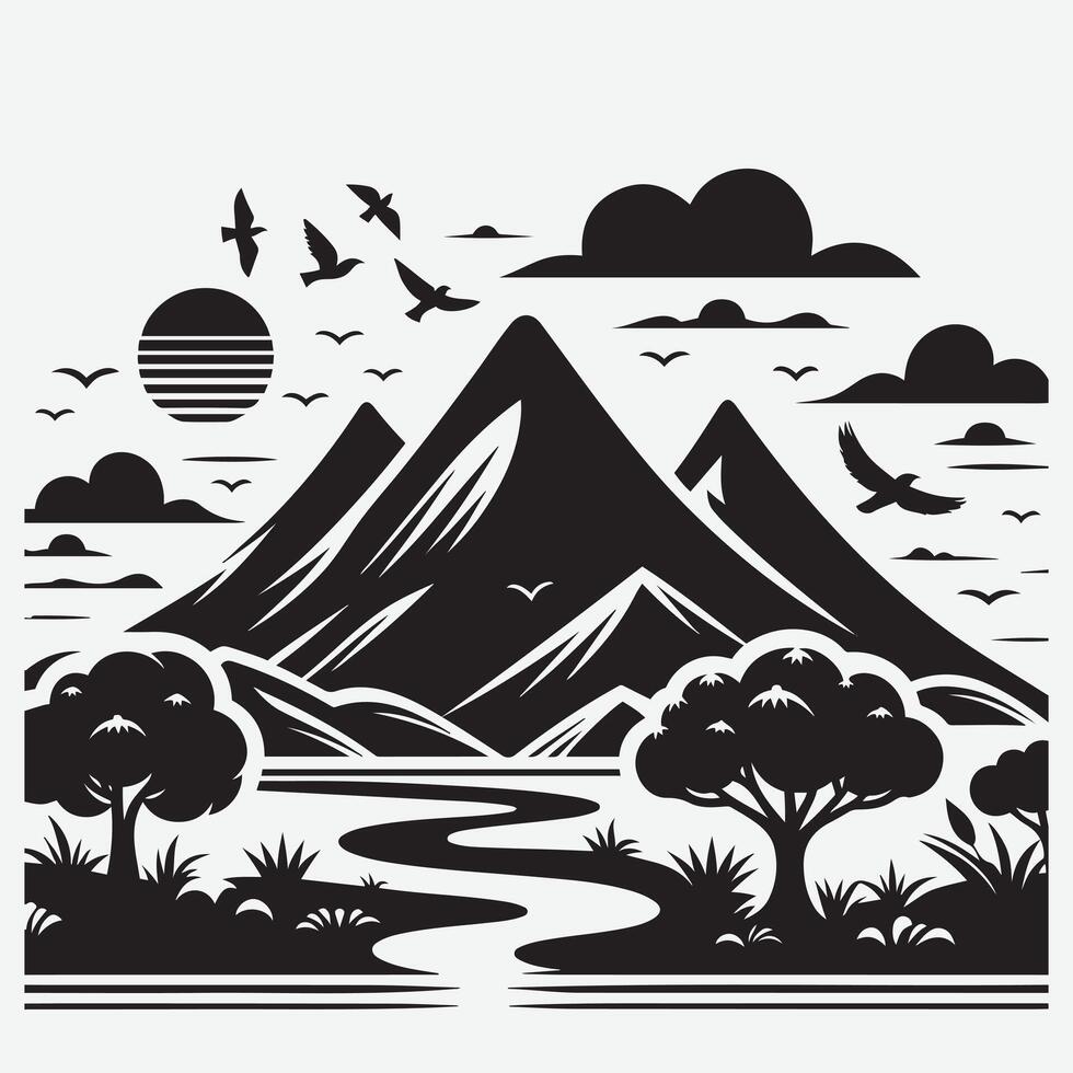 Vibrant Mountain Silhouette with River and Trees for Outdoor Graphics vector