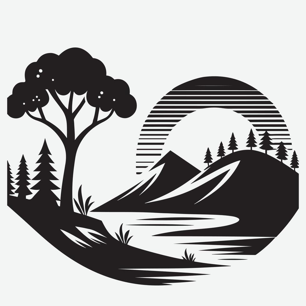 Captivating Mountain View with River Trees for Outdoor Adventure Graphics vector