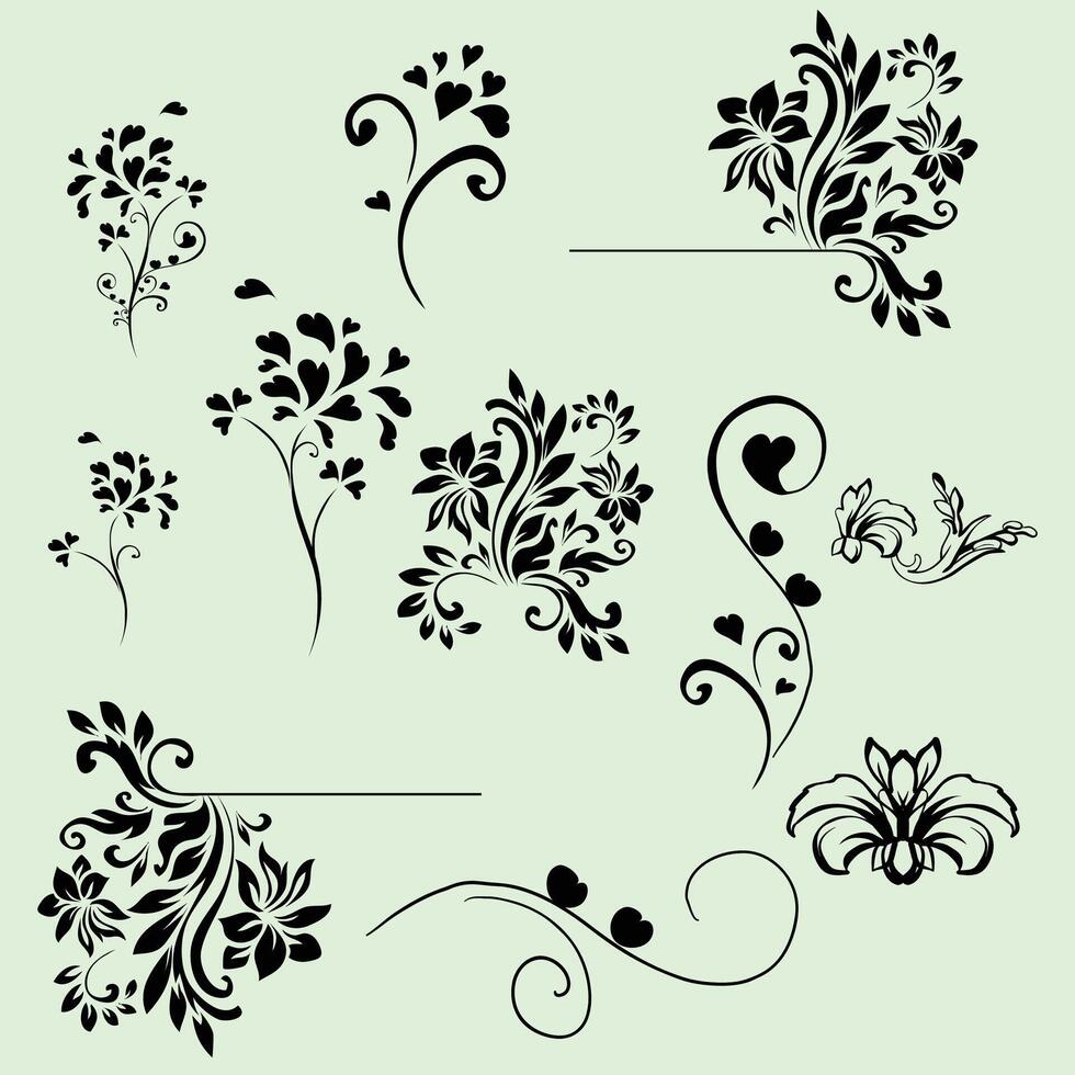 A set of floral designs on a green background vector