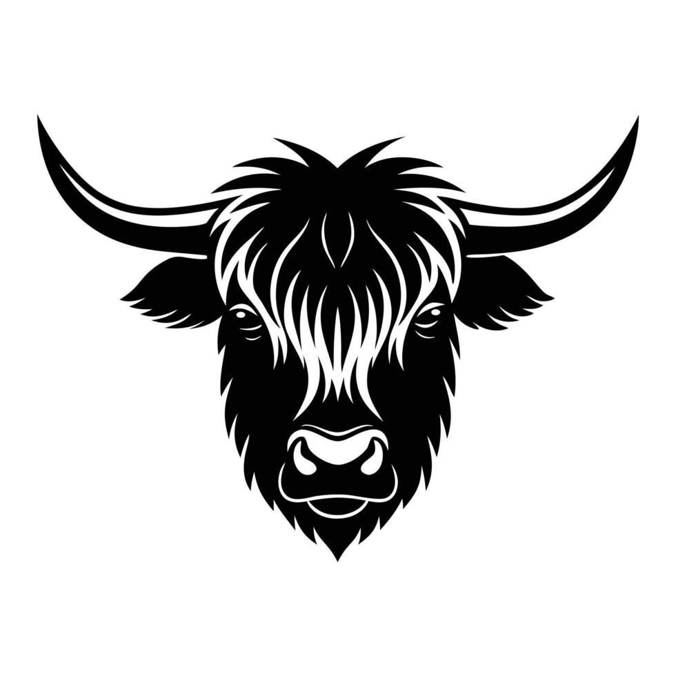 The head of a highland cow is shown in black and white vector
