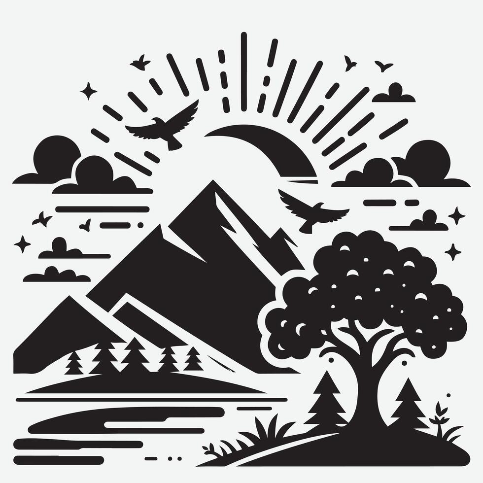 Harmonious Mountain Silhouette with River for Camping and Hiking Apparel vector