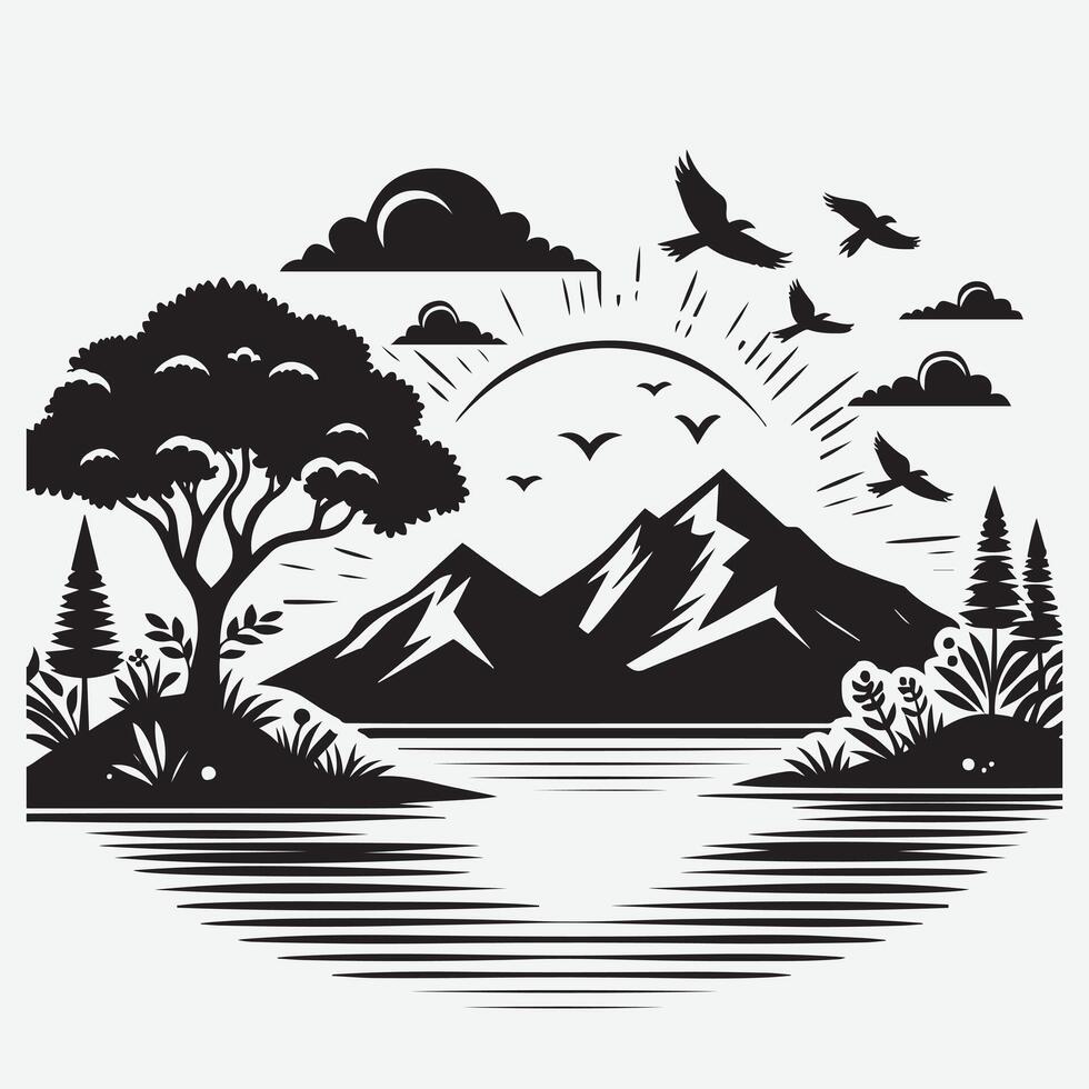 Refreshing Wilderness Mountain Silhouette with River for Outdoor Design Projects vector