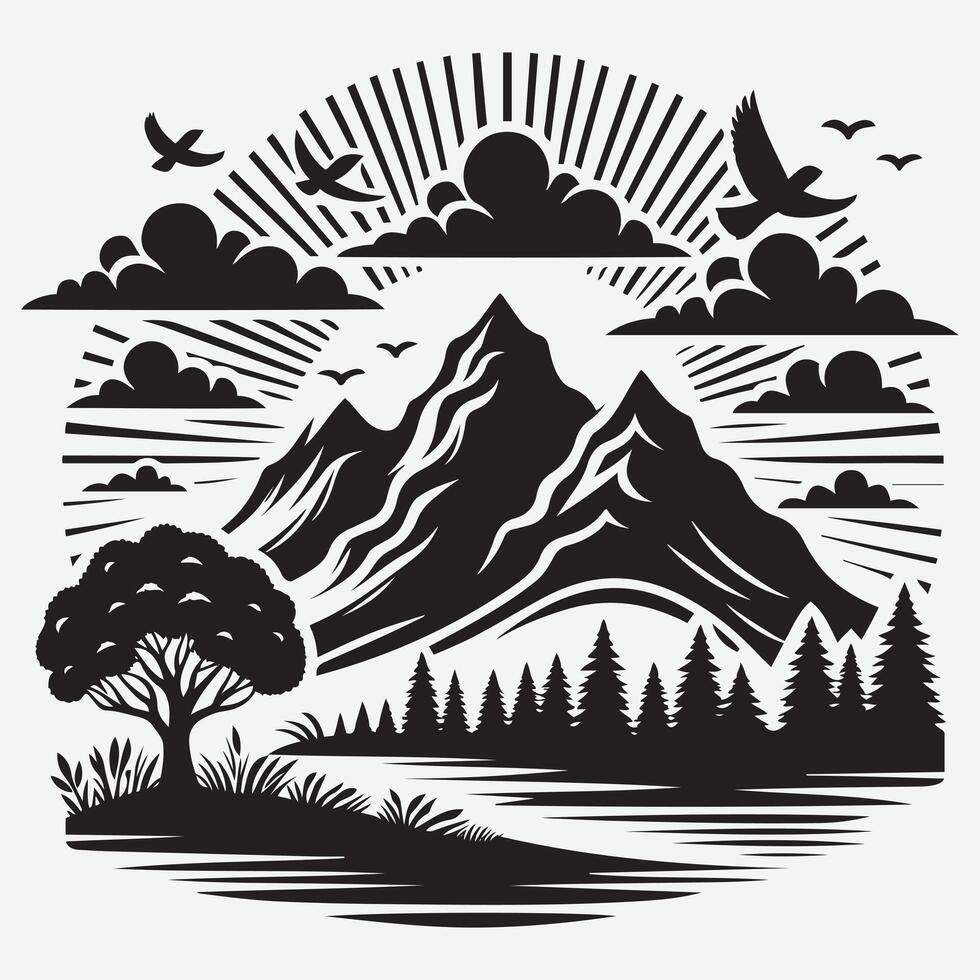 Nature Inspired Mountain Silhouette with River for Adventure Marketing Graphics vector