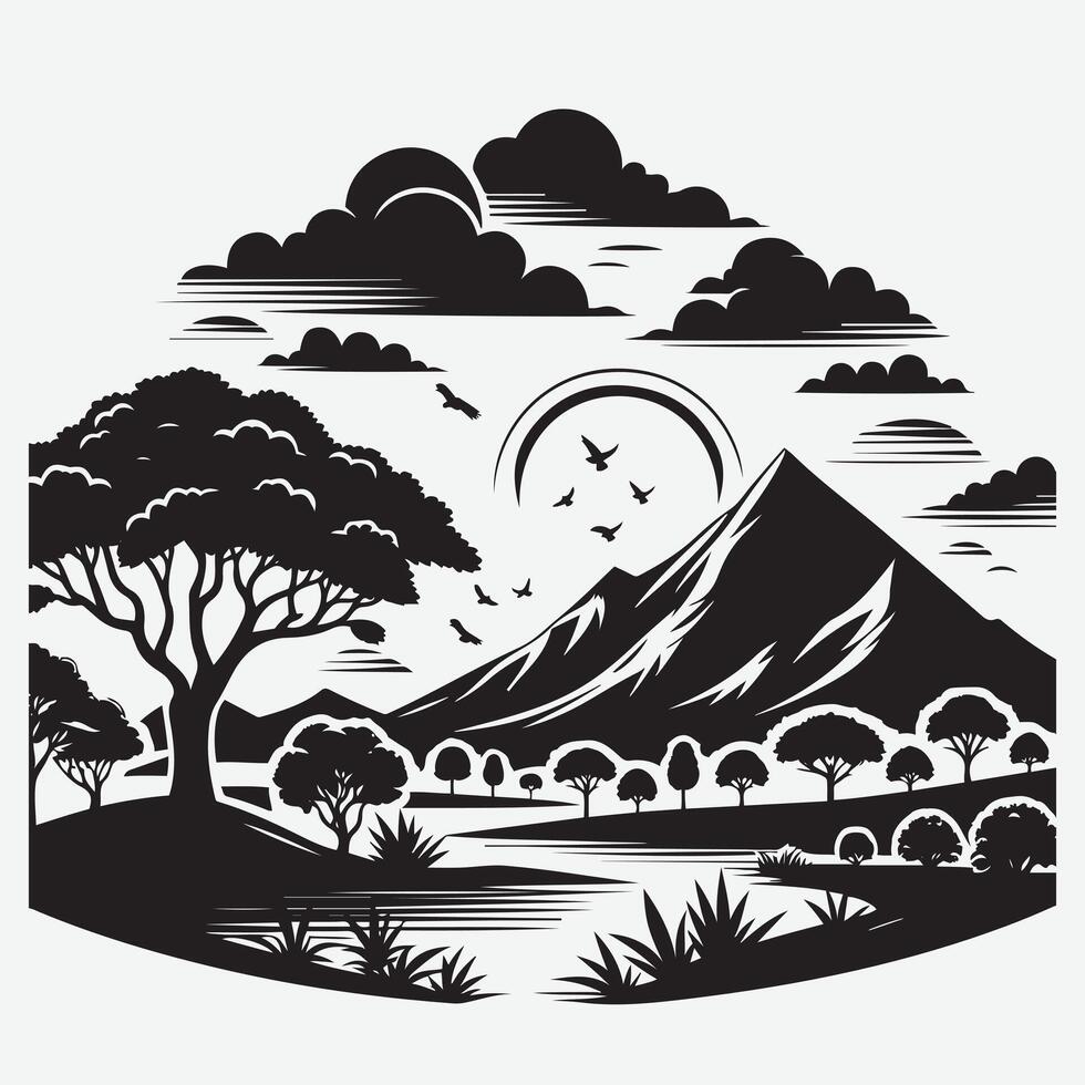 Artistic Mountain Landscape with River Trees for Travel and Adventure vector