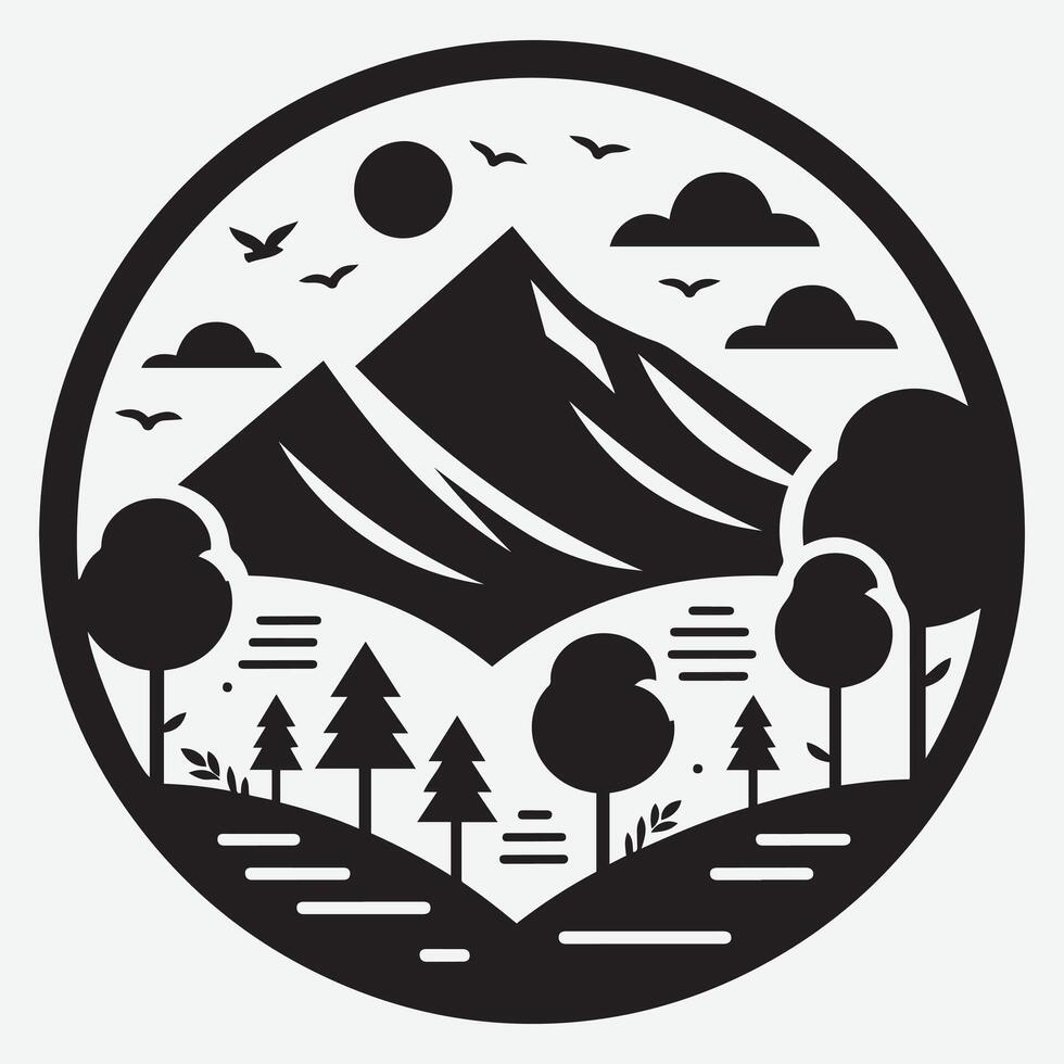 Beautiful Mountain Scene with River and Trees for Hiking Apparel vector