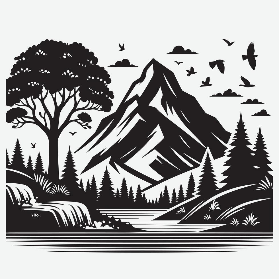 Majestic Mountain Silhouette with River and Trees for Adventure Design vector