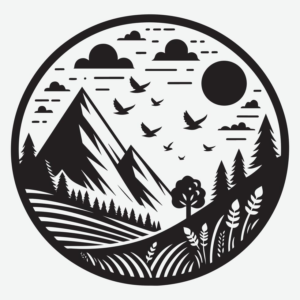 Epic Adventure Mountain Landscape with River Trees for Travel Graphics vector