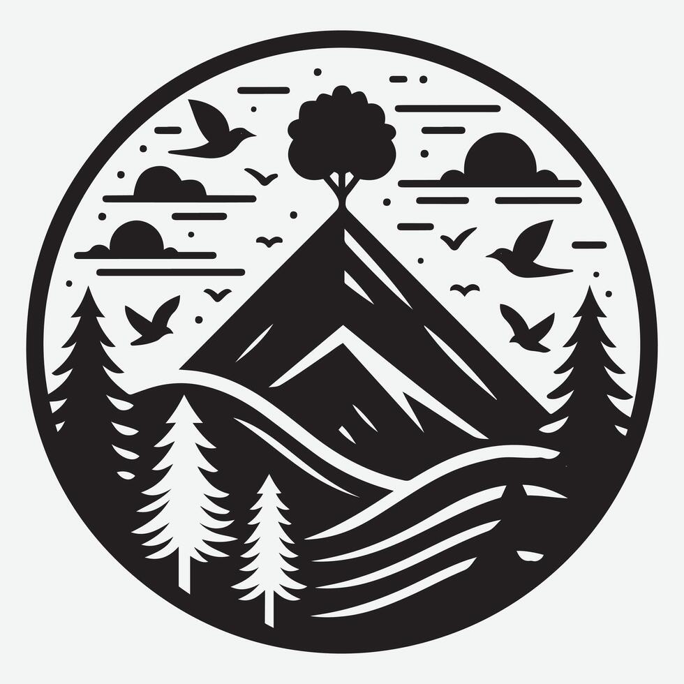 Captivating Wilderness Mountain Silhouette with River for Hiking and Camping vector